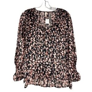 TYCHE Blouse Women Medium Black Animal Print Sheer V-Neck‎ Elastic Sleeves